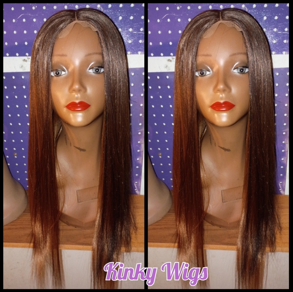 SOLD;20" Bone Straight Copper Highlights 2x6 Hd Closure Human Blend Hair Wig